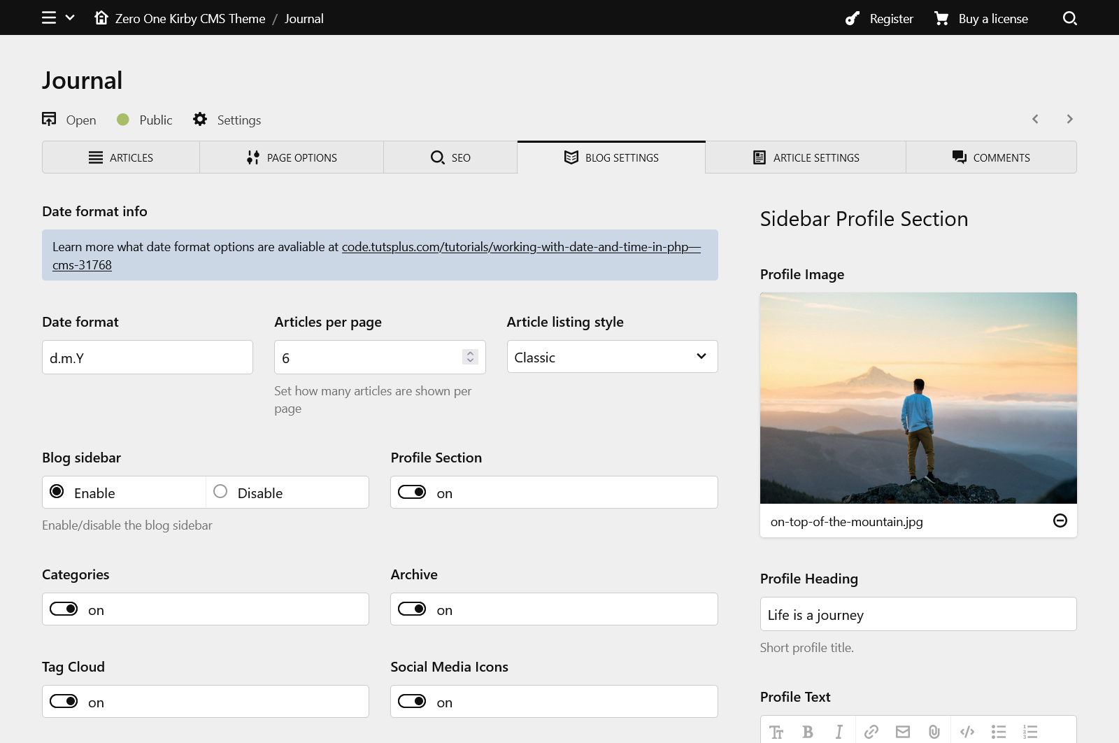 Blog options preview